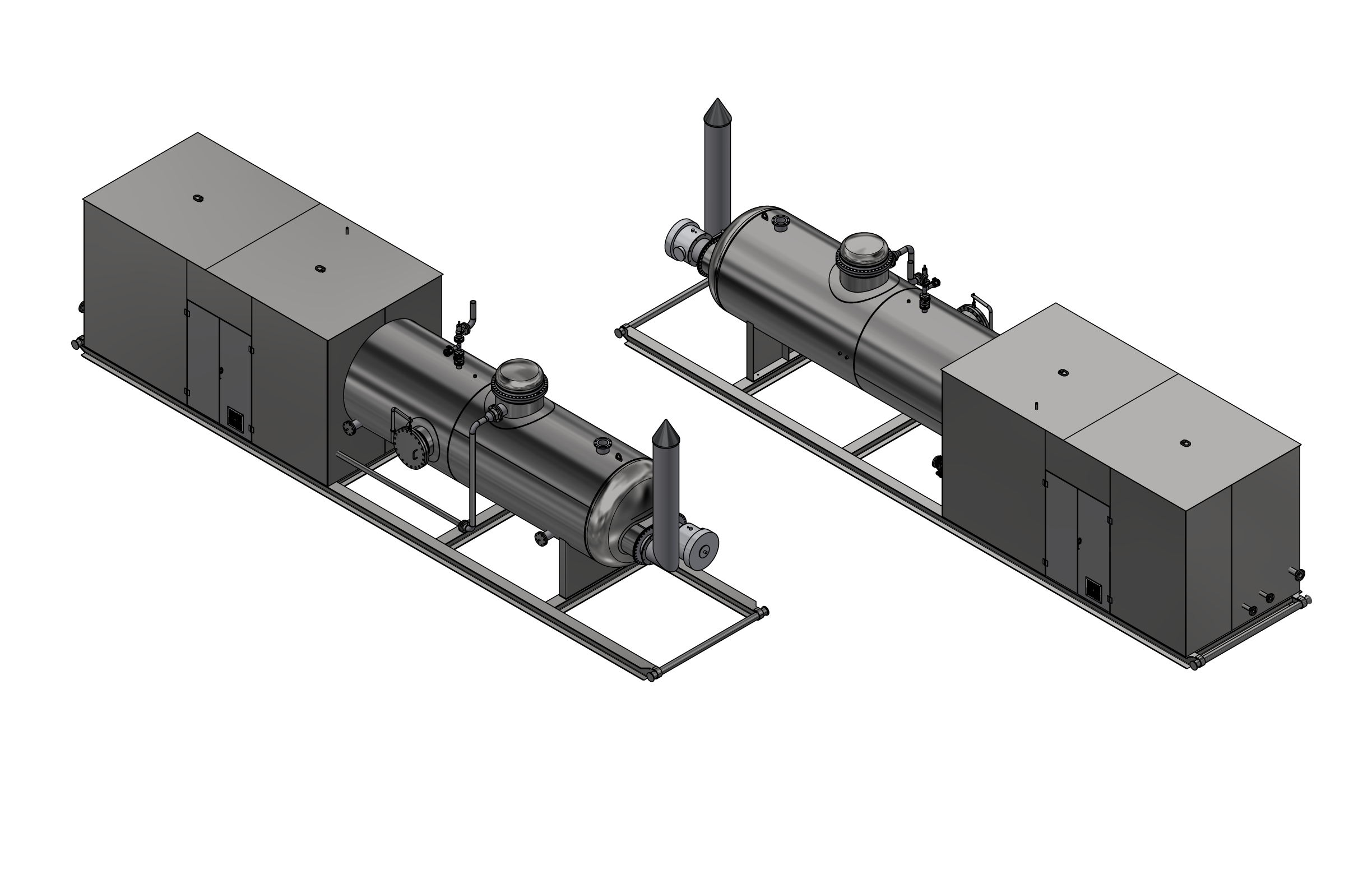 RBI_HeaterTreater Two 3D renderings of a skid-mounted heater treater unit shown from different angles, each with a vertical stack and adjacent control panel enclosure